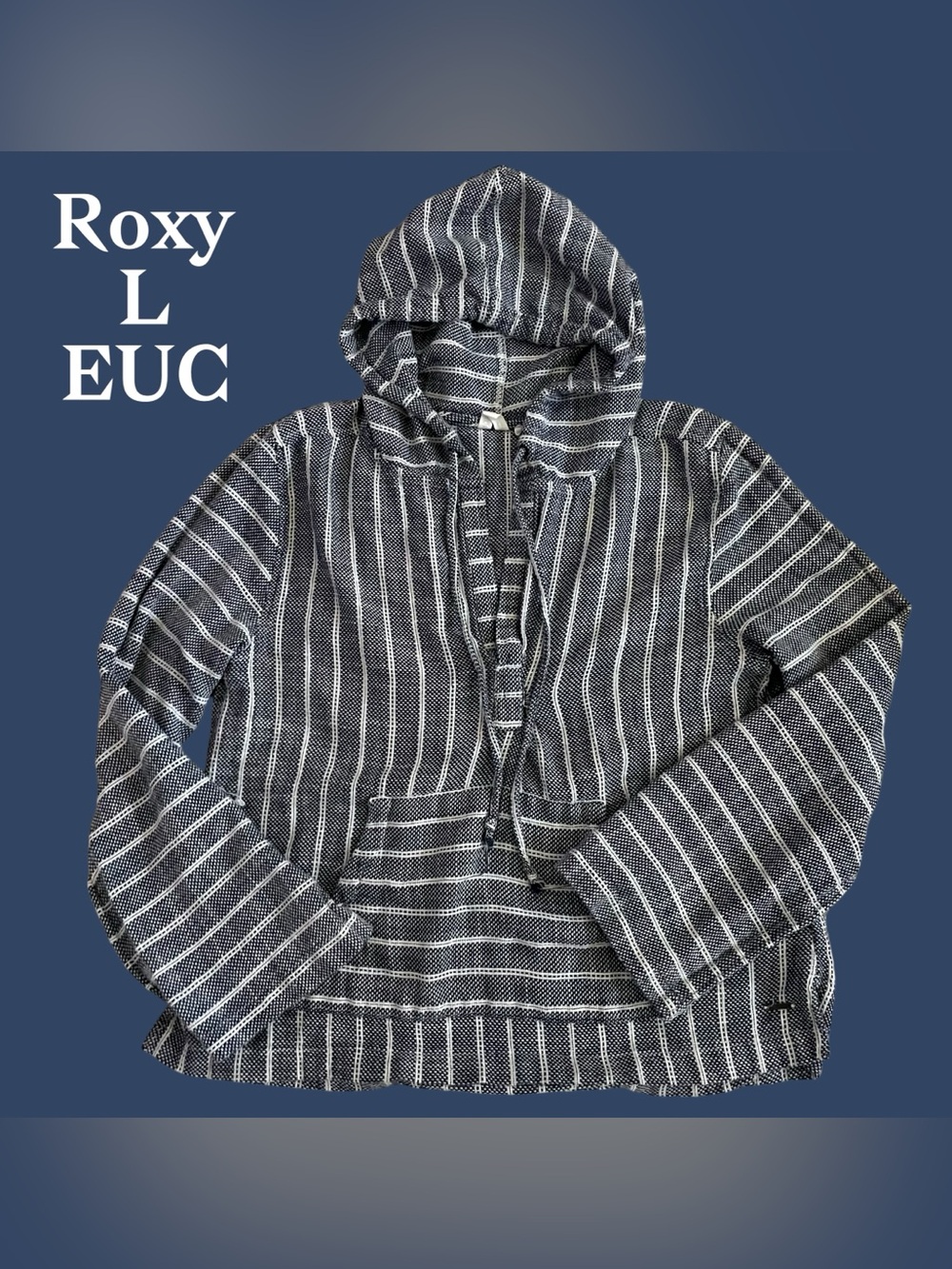 Roxy Navy and White Striped Hooded Pullover Sweatshirt